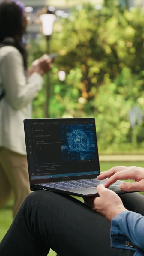 Vertical Video Man programs AI from laptop source-code interface in urban park Stock Footage 348648375