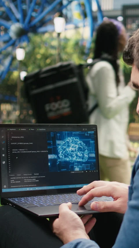 Vertical Video Man programs AI interface and source code on laptop in urban park Stock Footage 348650861