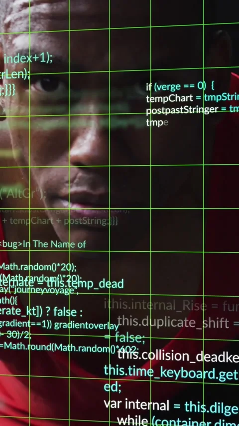 Vertical video: Man pushing up, sweating and focusing while green grid and code Stock Footage 329756569