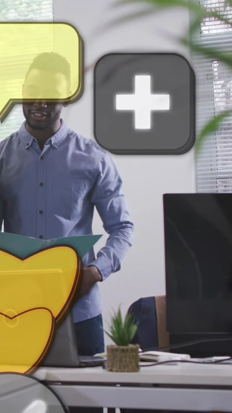 Vertical video: Man raising arms arranging folder prepping office files while UI Stock Footage 333721116
