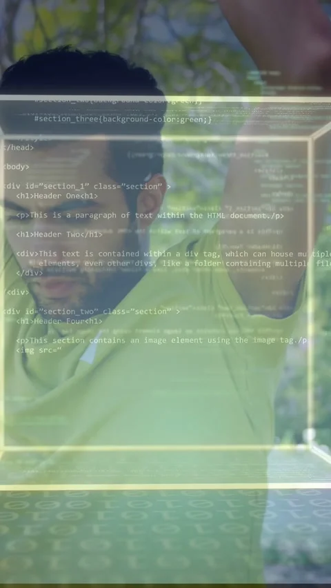 Vertical video: Man raising arms in park making 3D cube with code rotating over Stock Footage 333820760