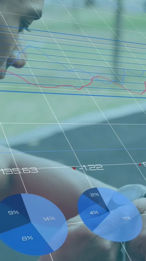 Vertical video: Man raising wrist, tapping bezel and cycling bar, line, pie Stock Footage 337540859