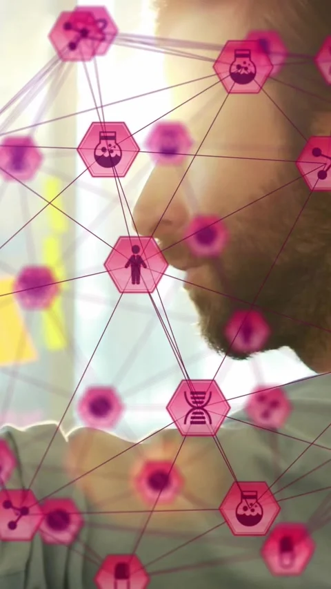 Vertical video: Man reaching and starting AR, analyzing health data with pink Stock Footage 330395583
