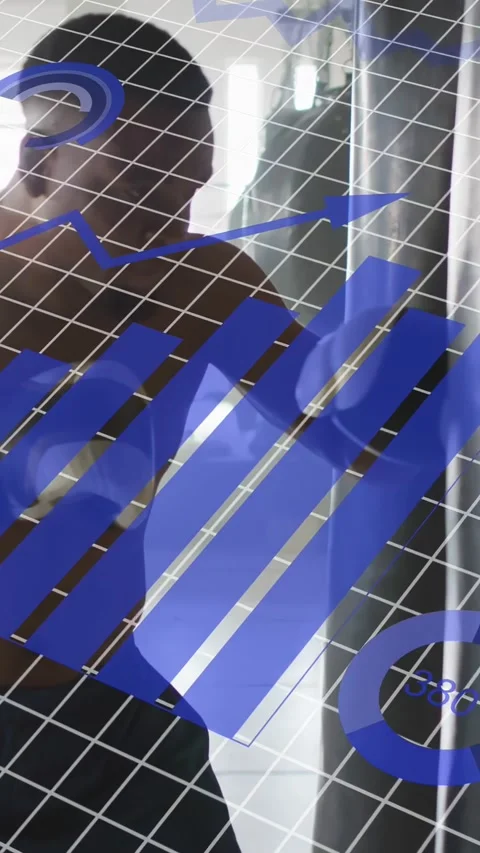 Vertical video: Man reaching knob, donning white tee at glass for tech, blue Stockbeeldmateriaal 333596531