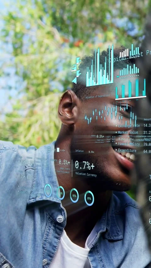 Vertical video: Man reaching past bike spokes into tech overlay, moving graphs, Stock Footage 333862484