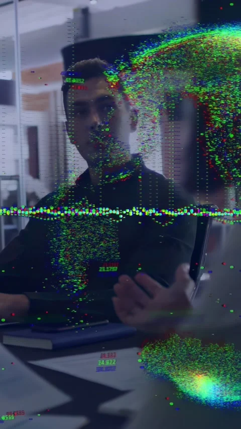 Vertical video: Man reading docs while woman speaking, data overlay spreading Stock Footage 333157336