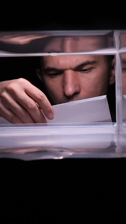 Vertical video Man receiving mail or sending letter from inside mailbox view Stock Footage 322908925