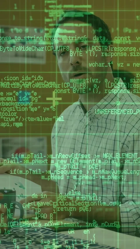 Vertical video: Man receiving paper, scanning docs in tech meeting while green Stock Footage 331047306