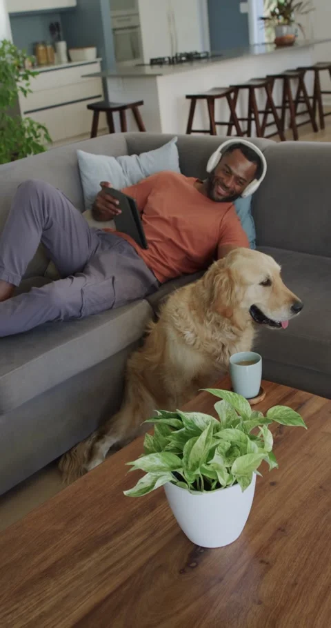 Vertical video: Man reclining and relaxing on gray sofa at home, tapping tablet Stock Footage 345492741