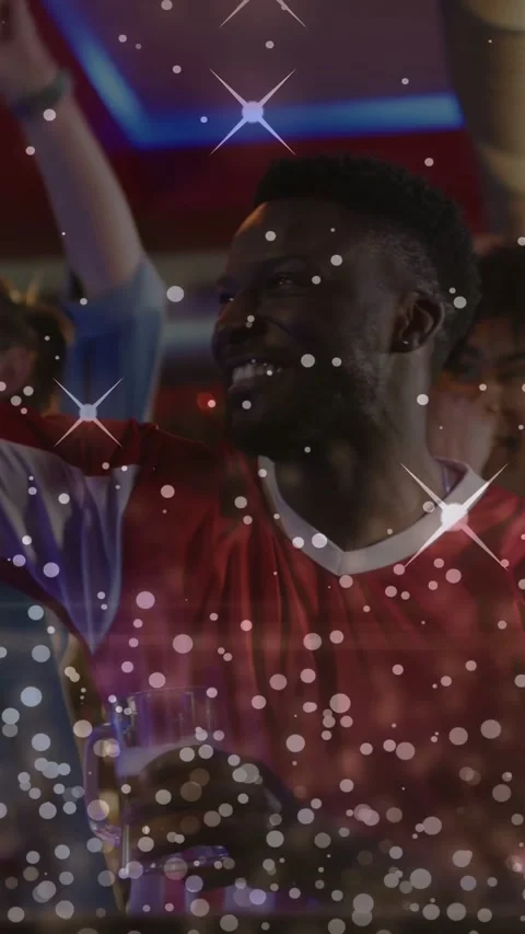 Vertical video: Man in red jersey reacting to goal at sports bar raising beer Stock Footage 337541033