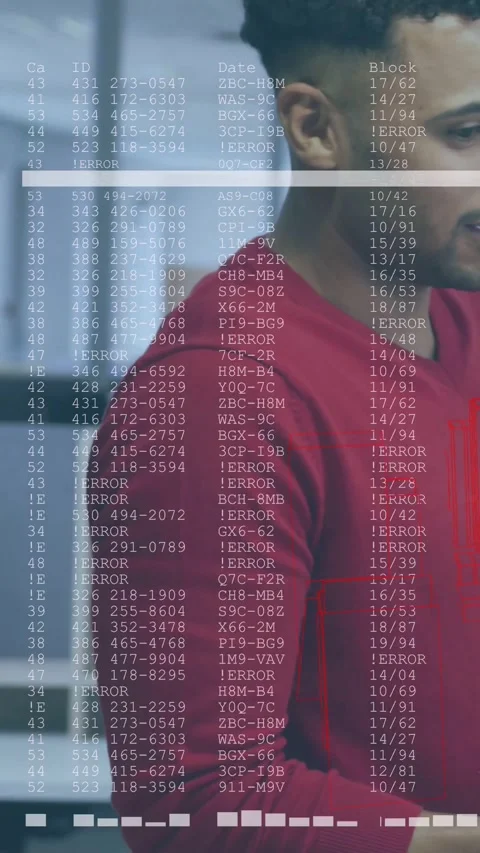 Vertical video: Man in red standing in business while system detecting error Stock Footage 332317413