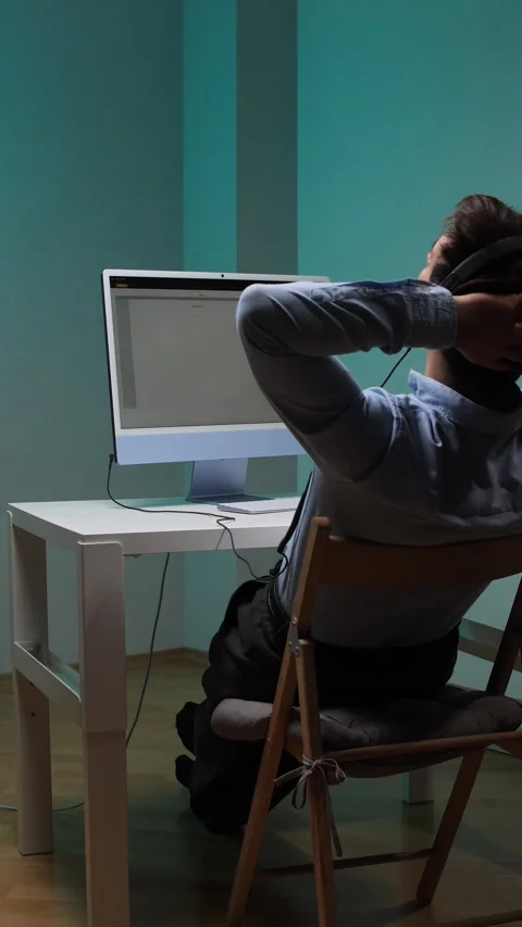 Vertical video man relaxing with hands behind head, sitting at a desk with a Stock Footage 344605662