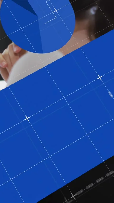 Vertical video: Man resting chin meeting starting blue panels sliding charts Stock Footage 334317503