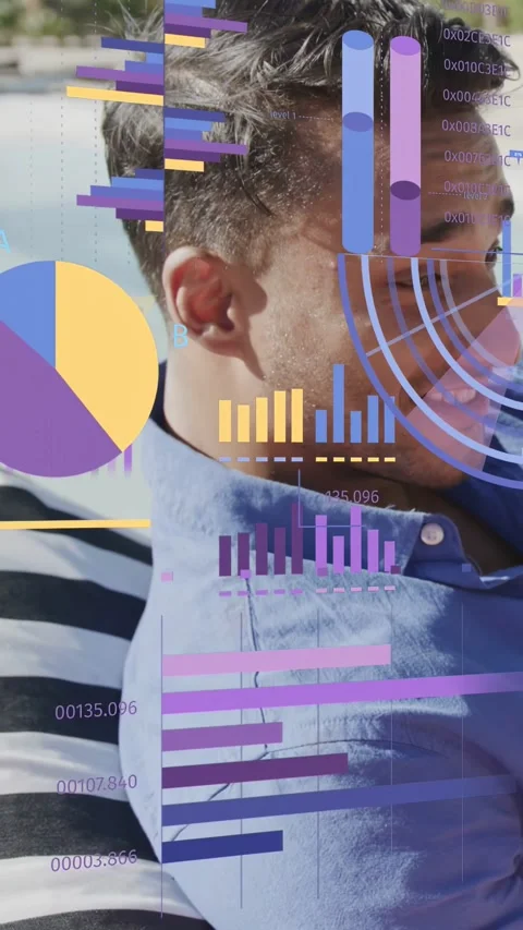 Vertical video: Man resting at pool, turning head during pan, tech charts Stock Footage 333650209
