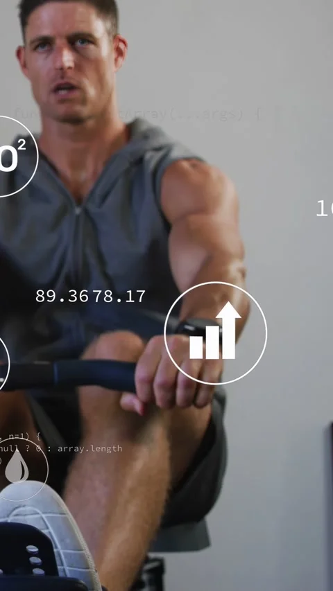 Vertical video: Man rowing, starting near knees, pulling to torso, floating code Stock Footage 332985329