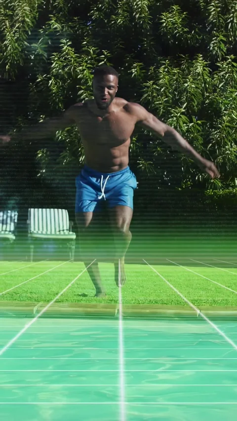 Vertical video: Man running, planting and launching over pool for sports, green Stock Footage 329912893