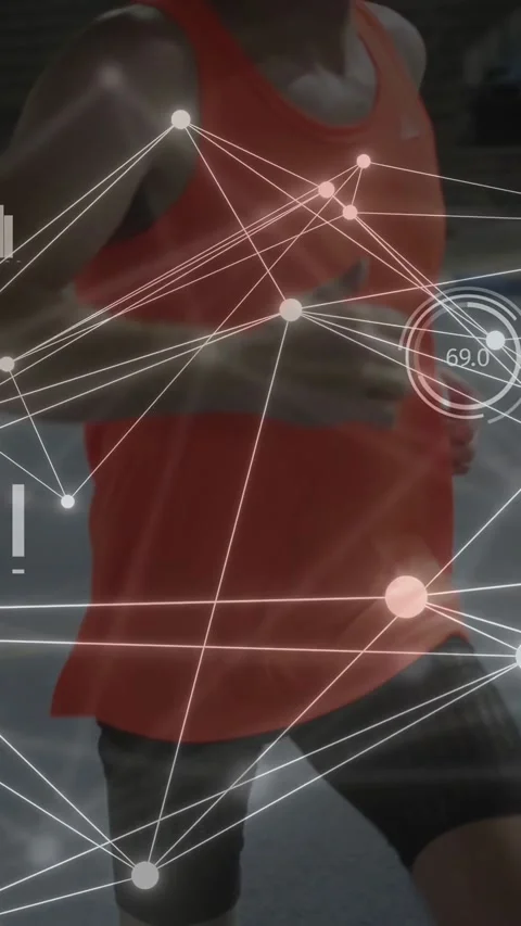 Vertical video: Man running, stride causing HUD gauge tracking joints while Stock Footage 333528309