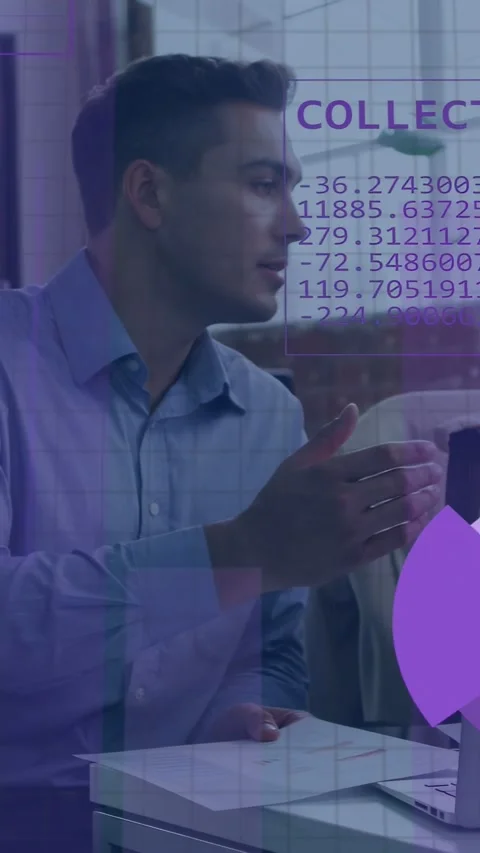 Vertical video: Man scanning docs, tapping laptop and causing purple charts Stock Footage 337540769