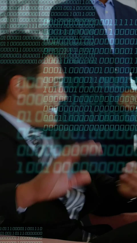 Vertical video: Man scrolling device, overlaying binary code, standing to shake Stock Footage 334917122