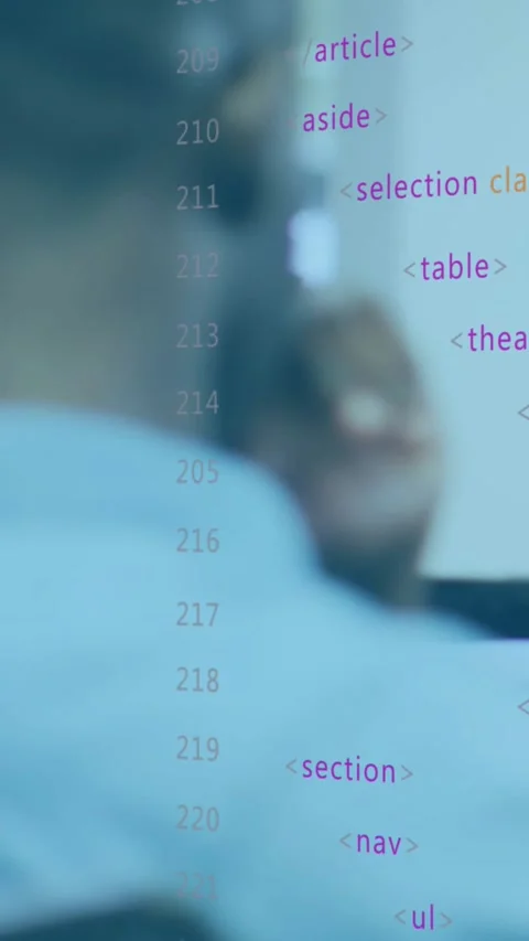Vertical video: Man seeing coding on screen leaning touching chin debugging Stock Footage 331167071