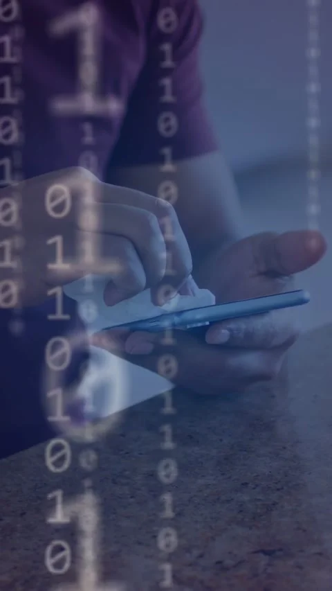Vertical video: Man seeing smudges wiping phone on stone top showing data icons Stock Footage 335355854
