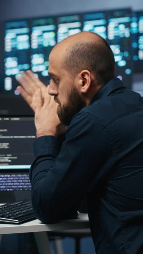 Vertical video Man in server room typing code on laptop and PC Stock Footage 274679586