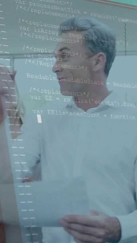 Vertical video: Man sharing from paper by blinds technology code overlay flowing Stock Footage 328332257