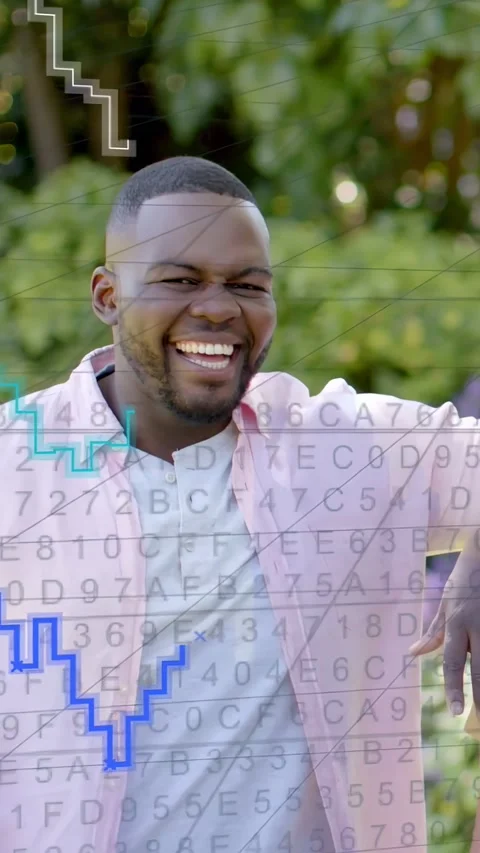 Vertical video: Man shifting and laughing while matrix charts moving across Stock Footage 333556686