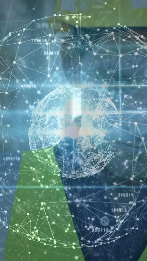 Vertical video: Man shifting device, wireframe globe rotating and aligning Stock Footage 334396056