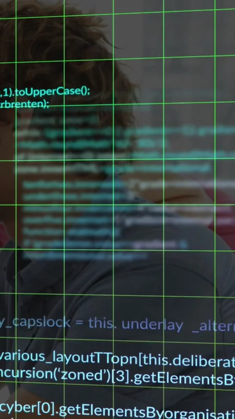 Vertical video: Man shifting, frames advancing, green grid and code flowing over Stock Footage 330604879