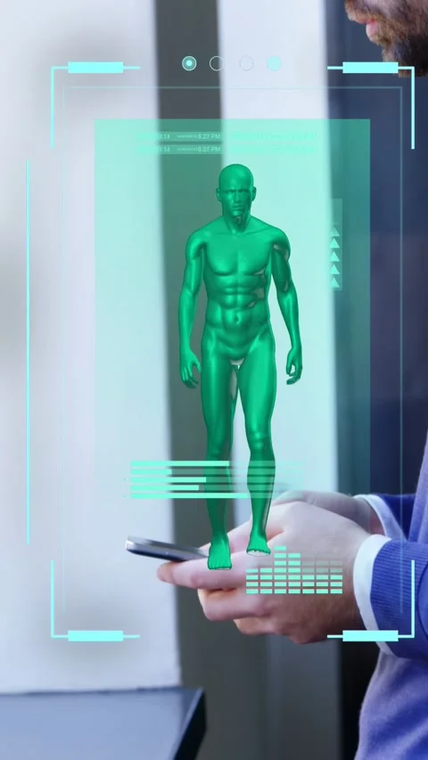 Vertical video: Man shifting phone up-right, causing green 3D model moving in Stock Footage 333496422