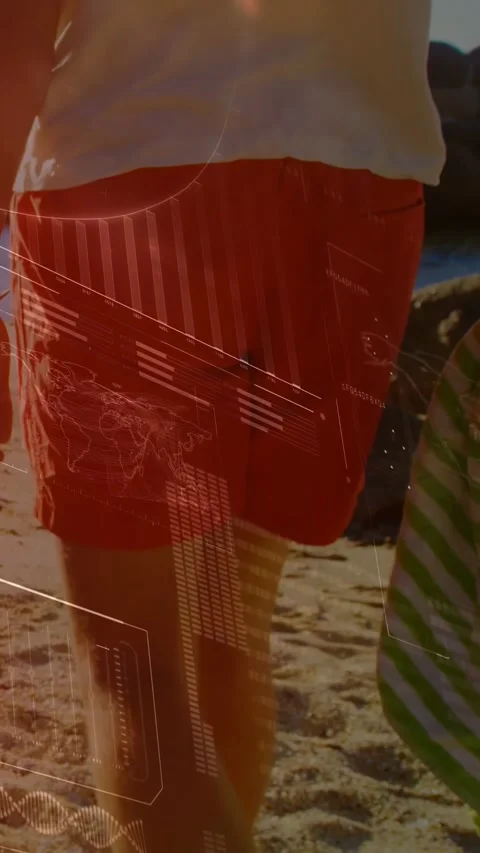 Vertical video: Man shifting then walking toward shore, HUD map tracking cooler Vidéo 330273313
