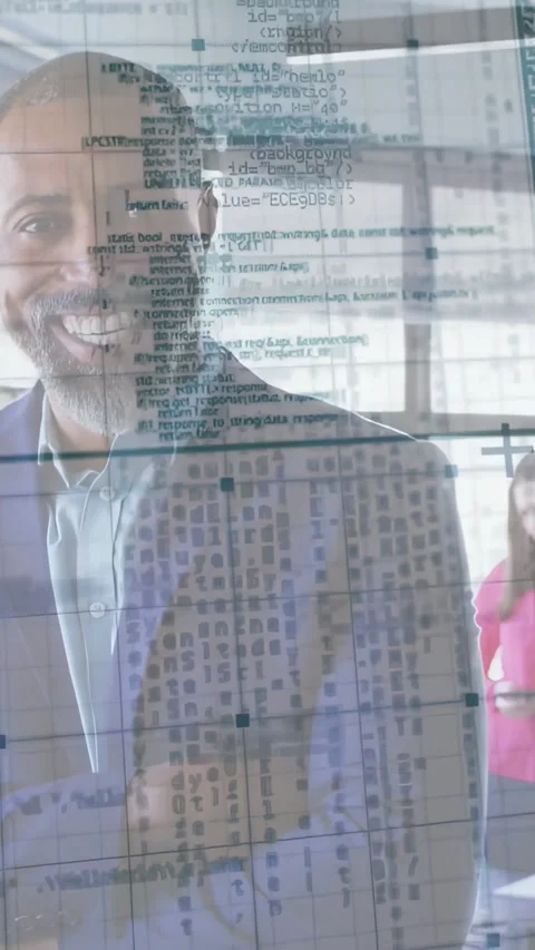 Vertical video: Man showing moving code on glass in tech demo, camera panning to Stock Footage 334382140