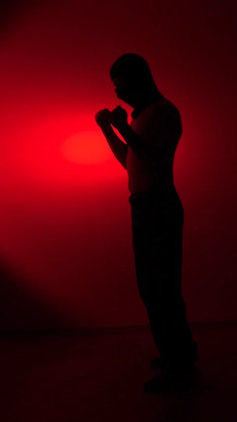 Vertical video man silhouette shadow boxing, punching with strength in red light Stock Footage 317954905