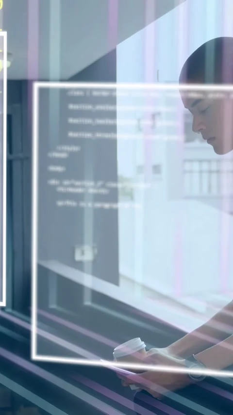 Vertical video: Man sitting ledge tapping phone, causing binary overlay clearing Stock Footage 333821593