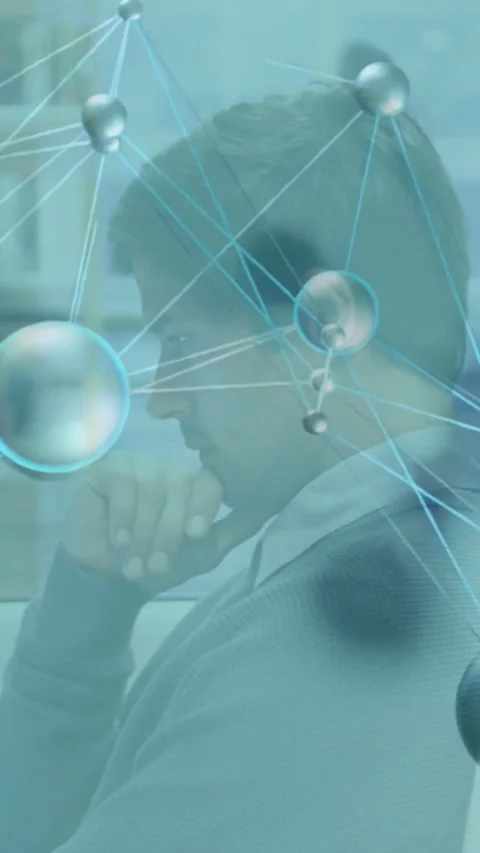 Vertical video: Man sitting resting chin as node network drifting over face, Stock Footage 331181848