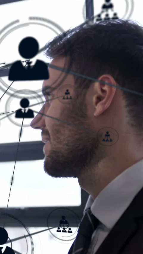 Vertical video: Man sliding in by window grid, nodes layering over head showing Stock Footage 334186984