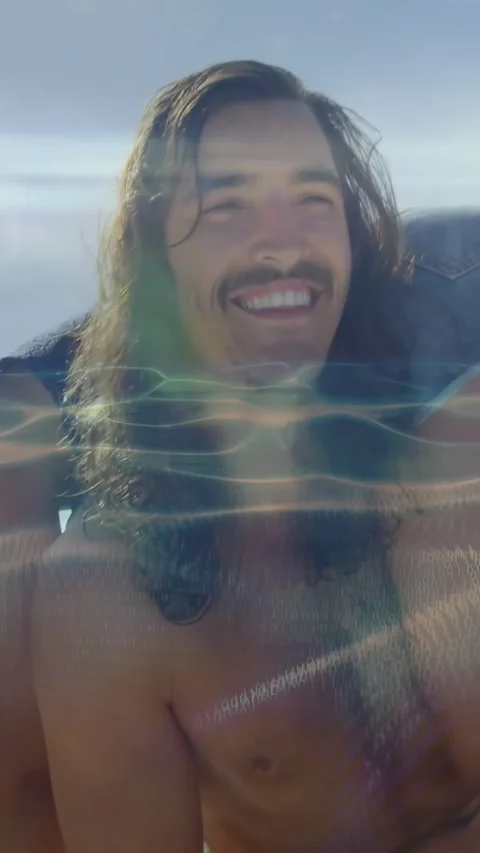 Vertical video: Man smiling, leaning on beach as denim nudging and sun making Video stock 331215621