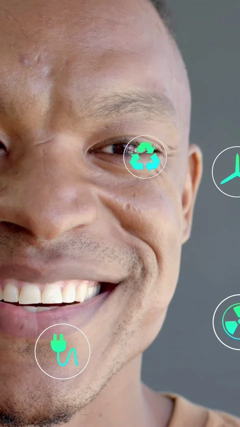 Vertical video: Man smiling, sparking energy icons sliding past eye then Stock Footage 333236475