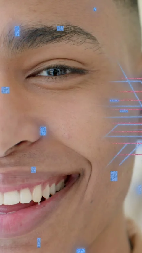 Vertical video: Man smiling while phone filming closeup bringing AR tech with Stock Footage 335513840