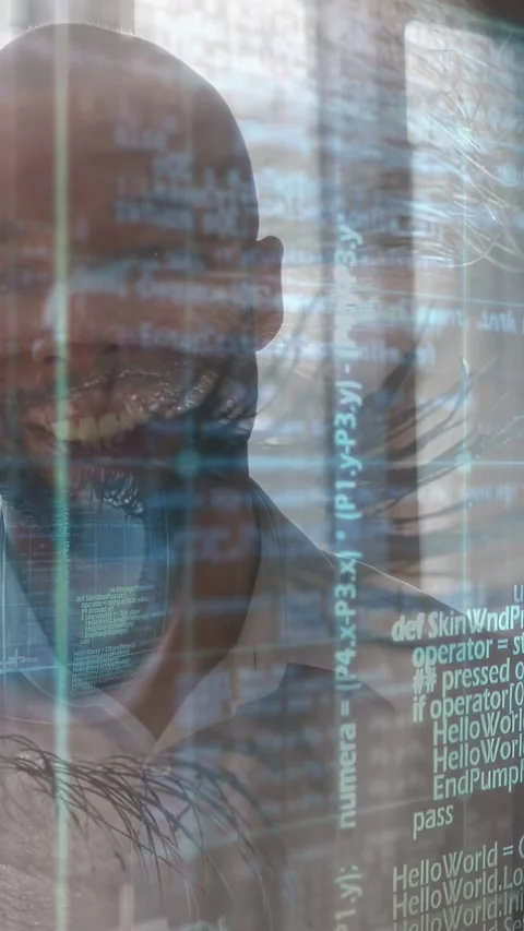 Vertical video: Man smiling by window, code sweeping right, obscuring eyelash Stock Footage 333157289