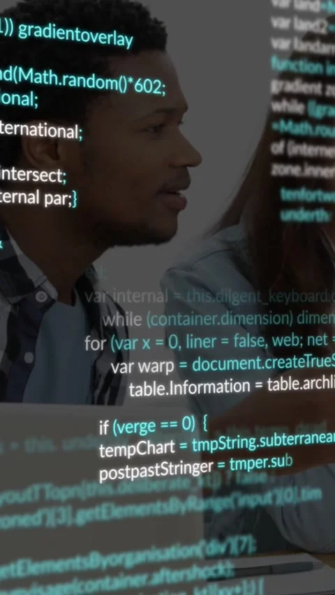 Vertical video: Man speaking to peer causing code overlay covering laptop, faces Stock Footage 331334065