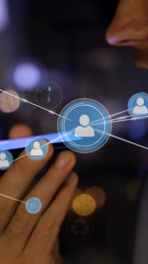 Vertical video: Man speaking into phone, sparking user network and CO2 layers Stock Footage 330965203