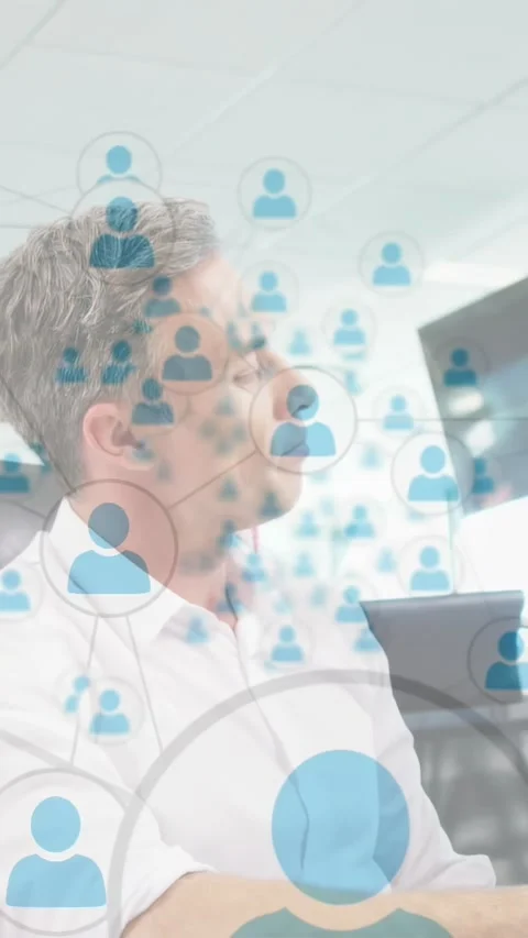 Vertical video: Man speaking, tablet tapping causing blue network overlay over 스톡 동영상 330794916