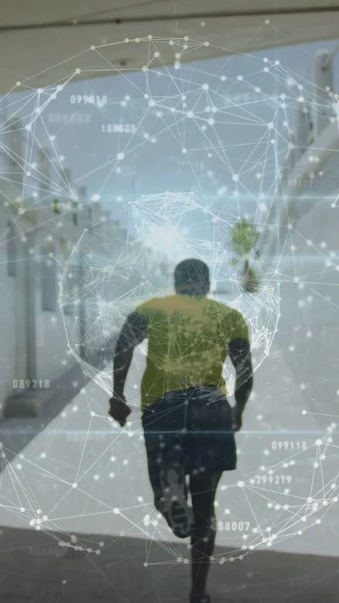 Vertical video: Man sprinting path, pushing, centering globe overlay and Stock Footage 333513388