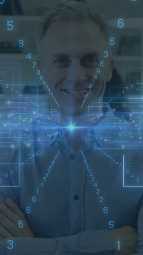 Vertical video: Man standing arms crossed tech activating blue node at chest, Stock Footage 331128948