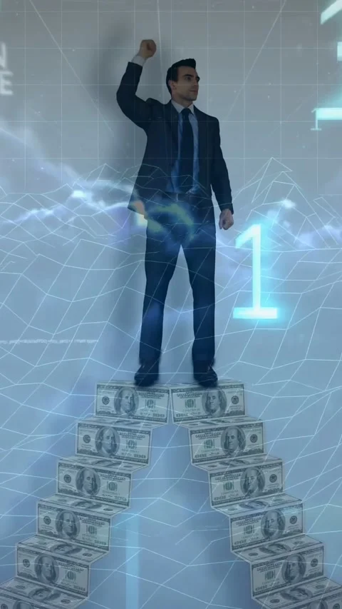 Vertical video: Man standing on bills, binary making stacks forming arch, Stock Footage 335678138