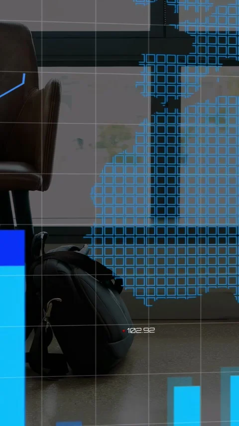 Vertical video: Man standing, lifting backpack as tech charts and map overlaying Vidéo 333978403