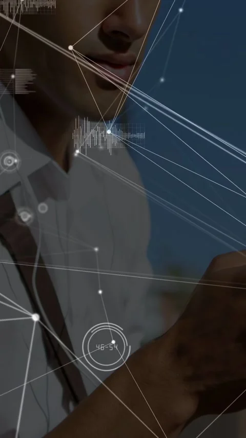 Vertical video: Man standing outside tapping phone, HUD lines converging on Stock Footage 332615075