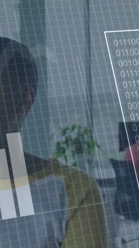 Vertical video: Man standing watching HUD appearing, collecting data and Stock Footage 337540725